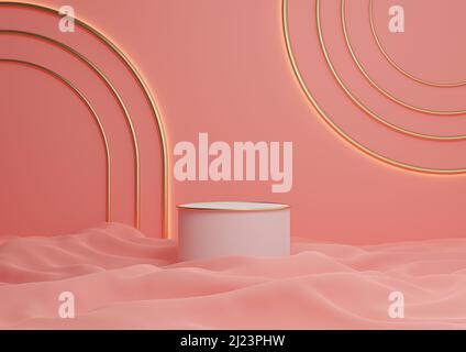 Bright, neon, salmon pink 3D rendering luxurious product display cylinder podium or stand with golden lines minimal composition with an arch geometric Stock Photo