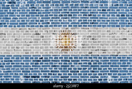 Close-up on a brick wall with the flag of Argentina painted on it. Stock Photo
