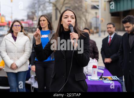 Bronx, United States. 27th Mar, 2022. Rep. Alexandria Ocasio-Cortez held a re-election campaign rally in the Bronx. Ocasio-Cortez needs to collected 1, 250 signatures by April 7th to be on the 2022 ballot. (Photo by Steve Sanchez/Pacific Press) Credit: Pacific Press Media Production Corp./Alamy Live News Stock Photo