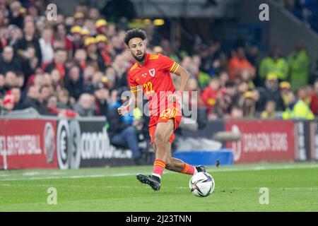 Cardiff, Wales, UK. 29th Mar, 2022. Sorba Thomas of Wales during the friendly international between Wales and Czech Republic in aid of the Ukraine humanitarian appeal at the Cardiff City Stadium. Credit: Mark Hawkins/Alamy Live News Stock Photo