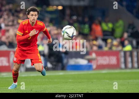 Cardiff, Wales, UK. 29th Mar, 2022. Brennan Johnson of Wales during the friendly international between Wales and Czech Republic in aid of the Ukraine humanitarian appeal at the Cardiff City Stadium. Credit: Mark Hawkins/Alamy Live News Stock Photo