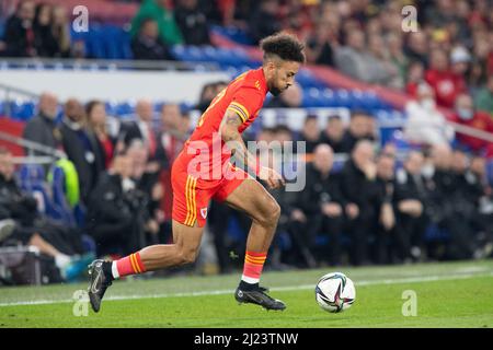 Cardiff, Wales, UK. 29th Mar, 2022. Sorba Thomas of Wales during the friendly international between Wales and Czech Republic in aid of the Ukraine humanitarian appeal at the Cardiff City Stadium. Credit: Mark Hawkins/Alamy Live News Stock Photo