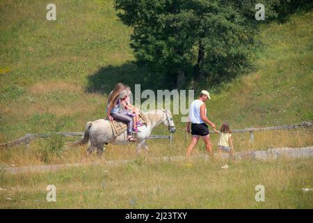 PLUZINE, MONTENEGRO - JULY 27, 2016: a family are strolling on summer countryside: mother and two daughters on the horse, father and daughters on foot Stock Photo