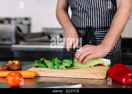 detail of the hands of a young male chief, cutting food in a professional kitchen Stock Photo