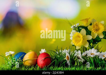Easter composition, colorful eggs in grass with flowers on a colorful blurry background, still life Stock Photo