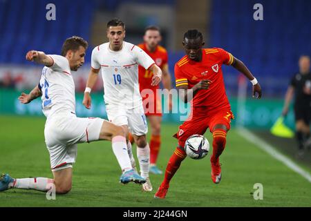 Cardiff, UK. 29th Mar, 2022. Rabbi Matondo of Wales (r) in action. Wales v Czech Republic, international football friendly match for the DEC Ukraine Humanitarian appeal at the Cardiff city stadium in Cardiff, South Wales on Tuesday 29th March 2022. Editorial use only. pic by Andrew Orchard/Andrew Orchard sports photography/Alamy Live News Credit: Andrew Orchard sports photography/Alamy Live News Stock Photo