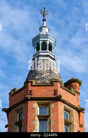 The Old Courts, Wigan town center, with blue sky's behind.  Built in the 1880's this building is grade II listed for its historical importance.  Wigan, Stock Photo