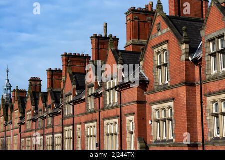 The Old Courts, Wigan town center, with blue sky's behind.  Built in the 1880's this building is grade II listed for its historical importance.  Wigan, Stock Photo