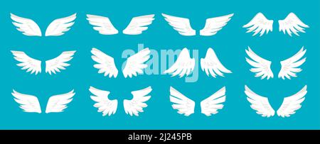Angel wing white flat set. Different wings shapes. Freedom tattoo symbol. Bird flight sign emblem sticker. Vintage badge heraldic tribal simple contour for logo Stock Vector