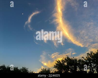 Abstract Swirl of Sunlit Cirrus Clouds Against a Deep Blue Sky Stock Photo