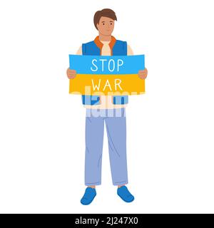 Stop war in Ukraine rally. Young men hold banner or poster no war. Protest, parade against warfare. Human character take part political meeting. Flat design social illustration Stock Vector