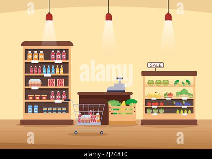 Supermarket with Shelves, Grocery Items and Full Shopping Cart, Retail, Products and Consumers in Flat Cartoon Background Illustration Stock Vector