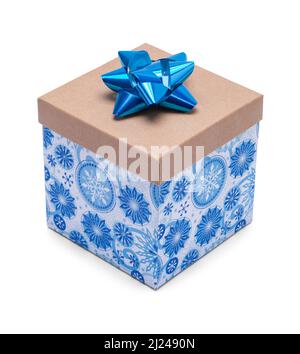 Small Square Blue Present Box with Blue Bow. Stock Photo