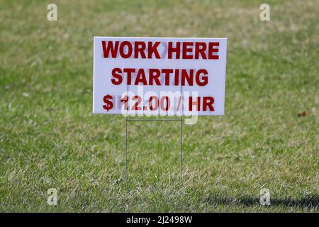Danville, United States. 29th Mar, 2022. A sign advertising for workers is seen outside of an Exxon gas station on March 29, 2022, near Danville, Pennsylvania. (photo by Paul Weaver/Sipa USA) Credit: Sipa USA/Alamy Live News Stock Photo