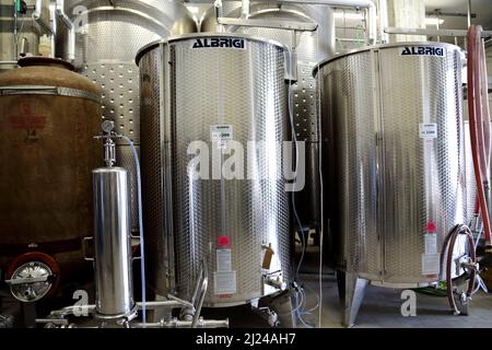 Stainless steel containers used in wine production in Italy Stock Photo