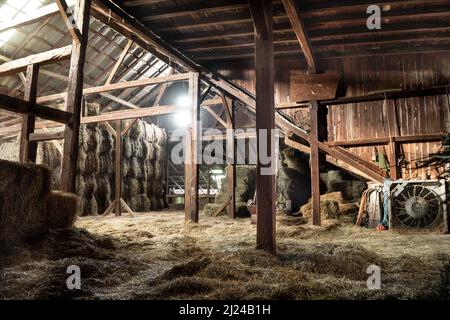 Inside Rustic Wooden Old Barn Hay Bales Straw Sunlight Rays Light Beams Farm Stock Photo