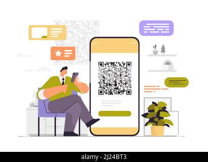 businessman scanning QR code on smartphone screen readable barcode verification concept Stock Vector