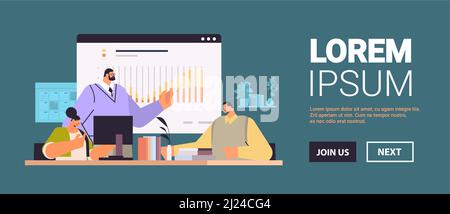 businesspeople team analyzing statistics graph on digital screen business data analysis monitoring investment finance report Stock Vector