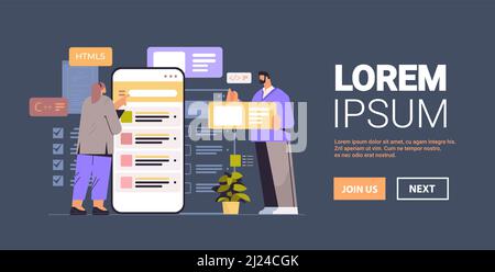 web developers couple creating program code on smartphone screen development of software and programming Stock Vector
