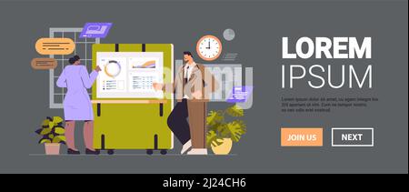 businesspeople couple analyzing statistics graphs on digital screen business data analysis monitoring investment finance report Stock Vector