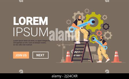workers couple rotating cogwheels teamwork process concept man woman in overalls repairing mechanism Stock Vector