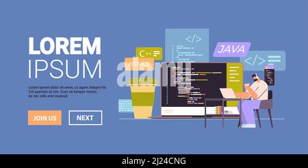 web developer creating program code on laptop screen development of software and programming concept Stock Vector