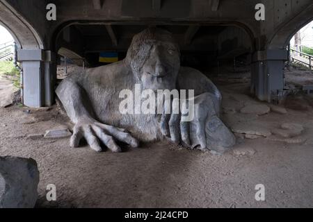 Seattle, USA. 27th Mar, 2022. The Troll under the Aurora Bridge in Fremont. Stock Photo