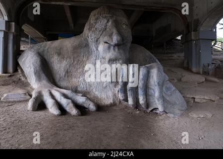 Seattle, USA. 27th Mar, 2022. The Troll under the Aurora Bridge in Fremont. Stock Photo