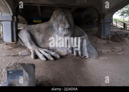 Seattle, USA. 27th Mar, 2022. The Troll under the Aurora Bridge in Fremont. Stock Photo