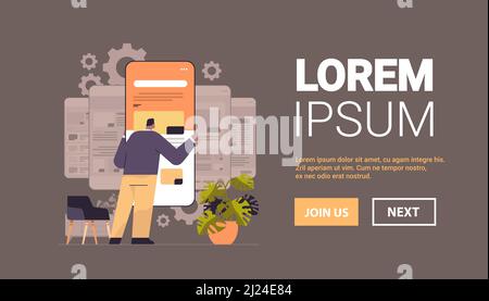 man technician working on smartphone repairing mobile application setting option adjusting application Stock Vector