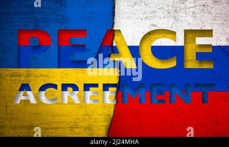 Ukrainian and Russian flags painted on wall with peace agreement text Stock Photo