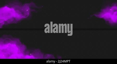 Purple magic dust with sparkles or glitter on black background. Mysterious powder clouds, Holi paints horizontal banner or frame template. Violet cloud splashes Realistic design 3d vector illustration Stock Vector