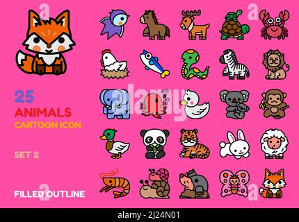 Animal filled outline icon vector set. Cute cartoon design illustration line art for decoration,brochure,banner,website,media,education,etc. Stock Vector