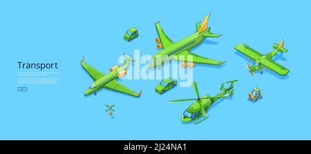 Transport poster with airplanes, helicopter, cars, delivery drones with boxes, and forklift. Vector banner with isometric illustration of plane, private jet, copter, mini auto and unmanned robots Stock Vector