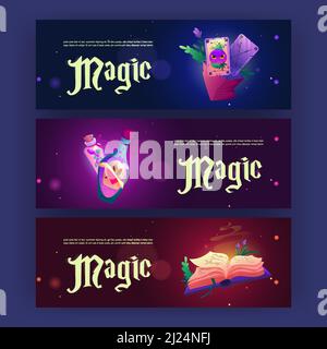 Magic posters with elixir, fortune telling cards, and book of spell. Vector horizontal banners with cartoon illustration of wizard or witch equipment, tarot cards, open witchcraft book and potions Stock Vector