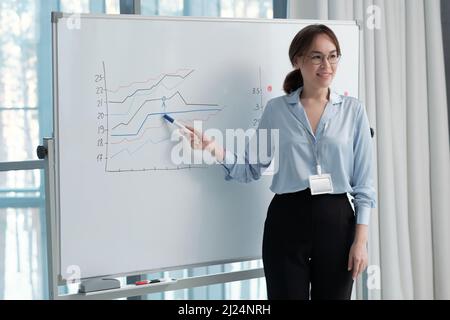 Happy young ceo of modern company making presentation of income increase to colleagues while pointing at graphs on board Stock Photo
