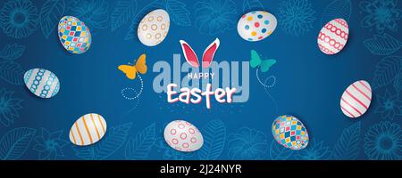 Happy Easter Floral Colorful Horizontal Banner Design. Flowers, butterflies, bunny ears and colorful pattern design eggs website header vector artwork Stock Vector