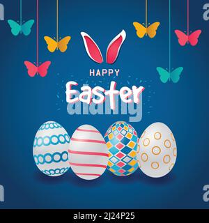 Happy Easter Bright Colorful Greeting Card Design. Hanging Butterflies decoration, bunny ears, and colorful pattern design eggs square banner vector Stock Vector