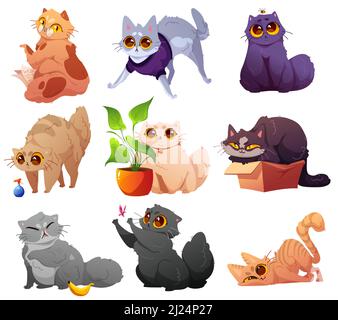 Set of cute cartoon kitties or cats with different colored fur and ...