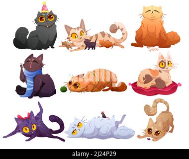 Cute cats, fluffy pets in different poses. Vector cartoon set of funny kittens characters licking itself, entangled in yarn, hunting beetle, lying on pillow, in party hat, yawn and mother with kitties Stock Vector