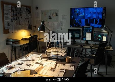 Detective office interior with workplace and investigation board Stock ...