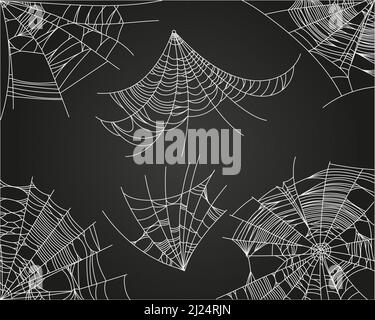 Spider web parts isolated on black background. Scary cobweb outline decor. Vector design elements for Halloween, horror, ghost or monster party, invitation and posters. Stock Vector