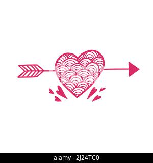 Vector clip art pen illustration of pink heart with scales decorations and arrow on white background. Contour symbol of love for Valentine s day. Stock Vector