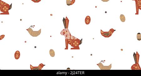 Seamless festive pattern with hares, easter eggs and birds with folk art on white background. Vector scandinavian texture with bunnies and polka dots. Stock Vector