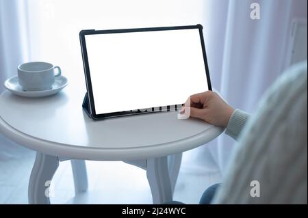 Tablet screen mockup. Video conference. Online communication. Modern technology. watching video or webinar, playing mobile device game, chatting in so Stock Photo