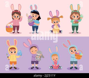 eight kids with easter icons Stock Vector