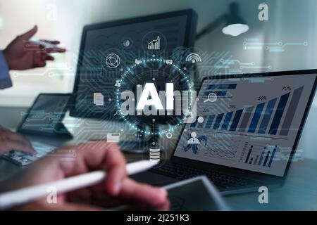 Manager engineer control Innovation of robotics  automation robot ai Business data analytics process management Stock Photo