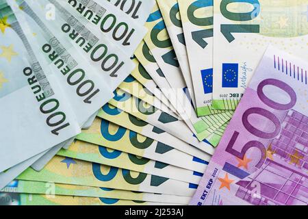 Lot of paper banknotes five hundred one hundred and fifty euro. Top view. Pile of money Stock Photo