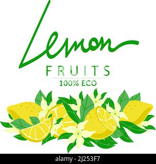 Festive wreath decorated with ripe yellow lemons, cartoon-style painted elements. Handwritten inscription. Isolated on white background. Sample poster Stock Vector