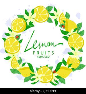 Holiday wreath decorated with ripe yellow lemons, cartoon style painted elements. Isolated on white background. Juice blobs. Ladybugs. Sample poster Stock Vector